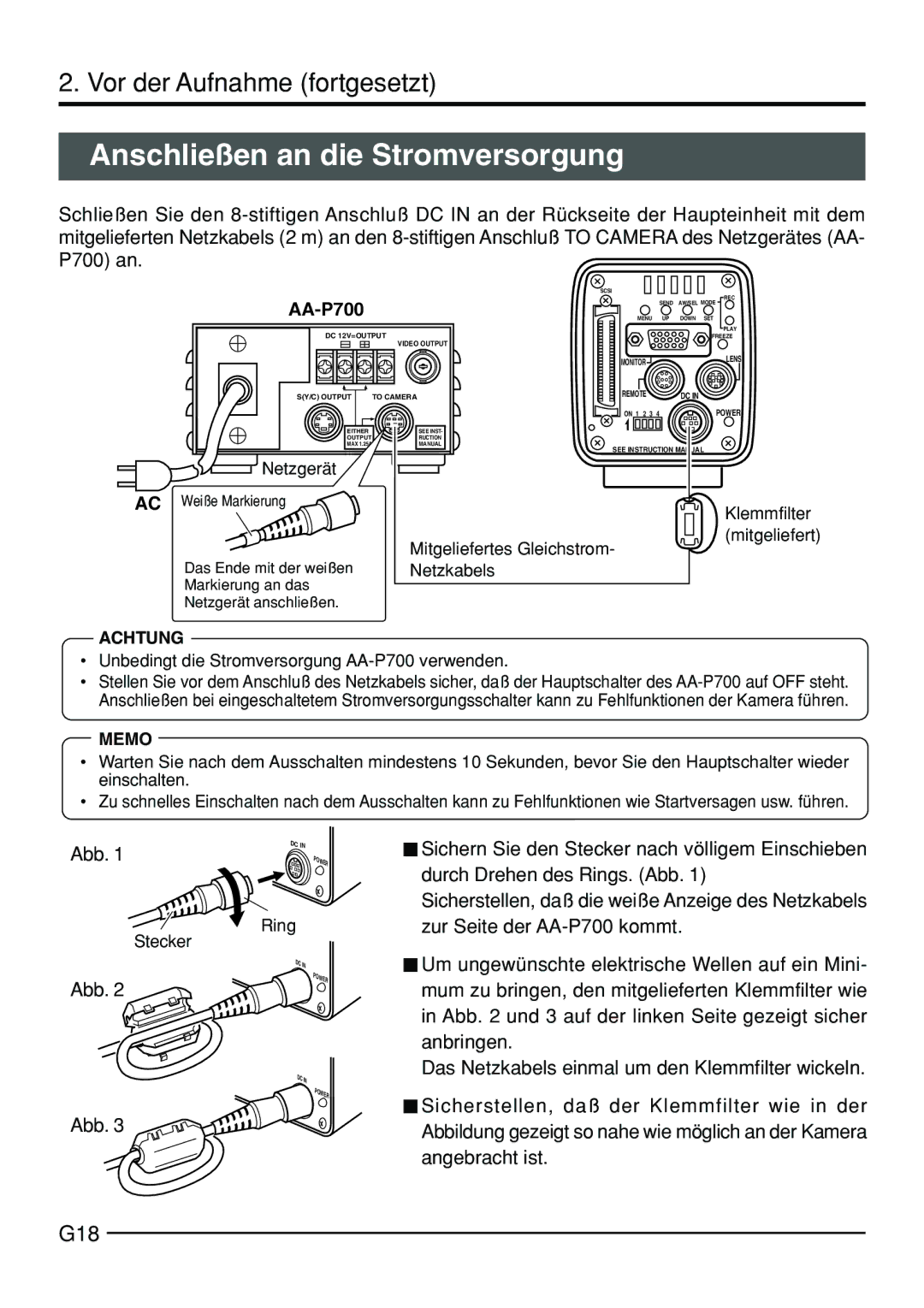 JVC KY-F70B manual Anschließen an die Stromversorgung, G18, Abb, Netzgerät, Unbedingt die Stromversorgung AA-P700 verwenden 