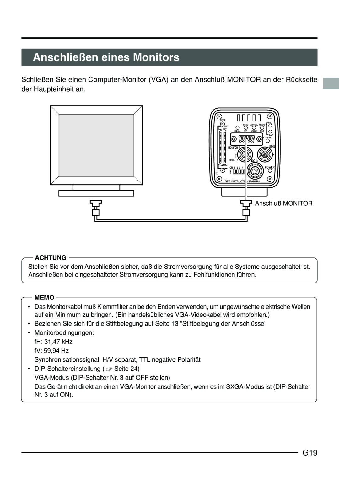 JVC KY-F70B manual Anschließen eines Monitors, G19, Anschluß Monitor 