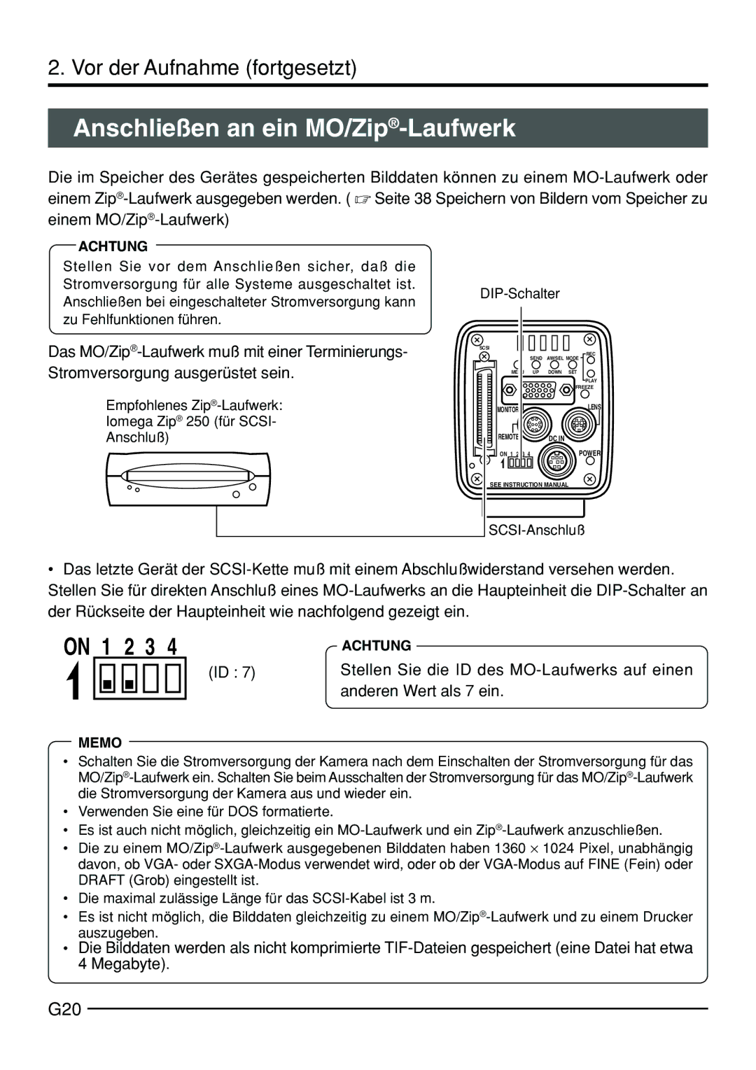 JVC KY-F70B Anschließen an ein MO/Zip-Laufwerk, G20, Stellen Sie die ID des MO-Laufwerks auf einen, Anderen Wert als 7 ein 