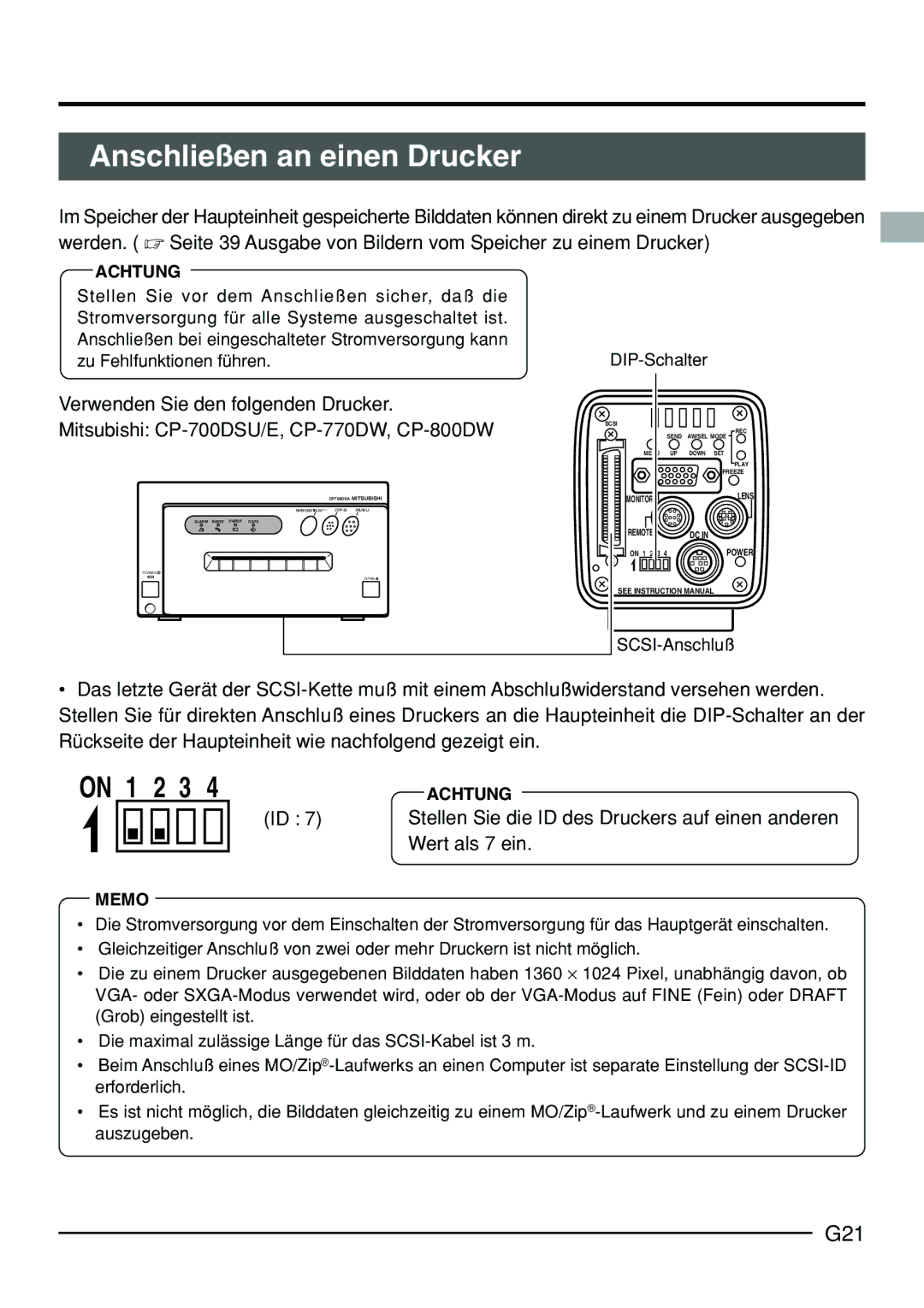 JVC KY-F70B manual Anschließen an einen Drucker, G21, Wert als 7 ein 