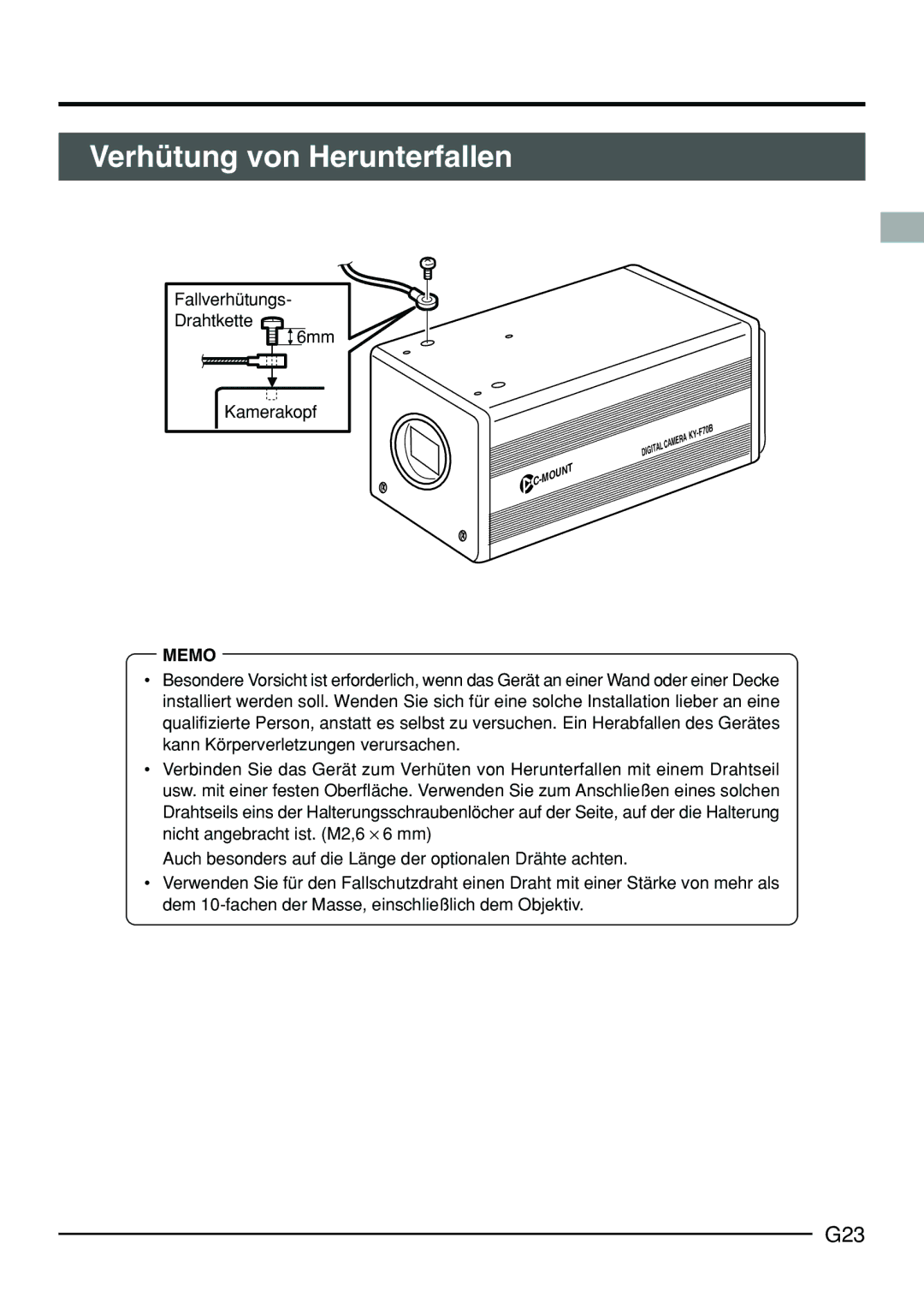 JVC KY-F70B manual Verhütung von Herunterfallen, G23, Fallverhütungs Drahtkette 6mm Kamerakopf 