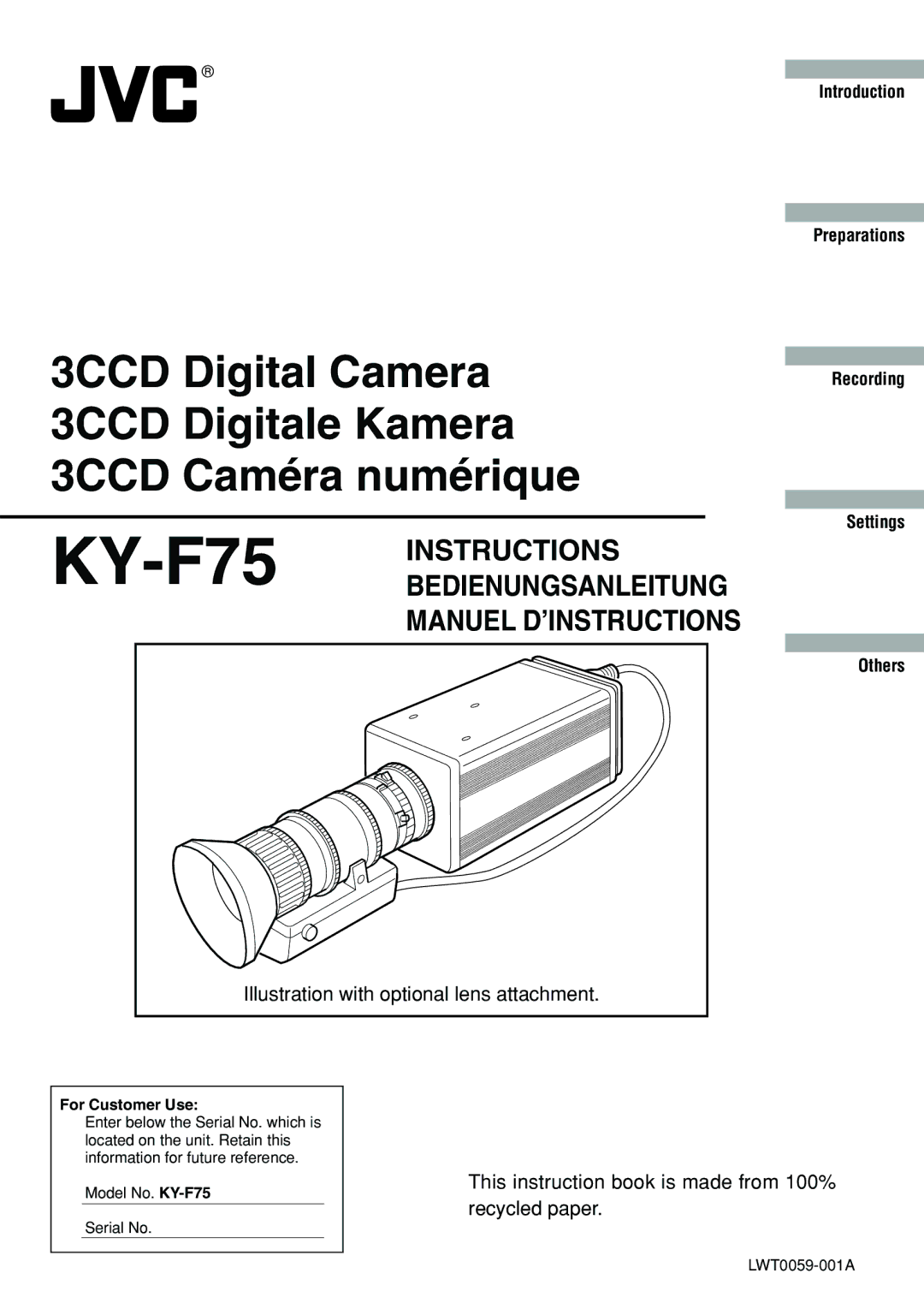 JVC KY-F75 manual Illustration with optional lens attachment, This instruction book is made from 100% recycled paper 