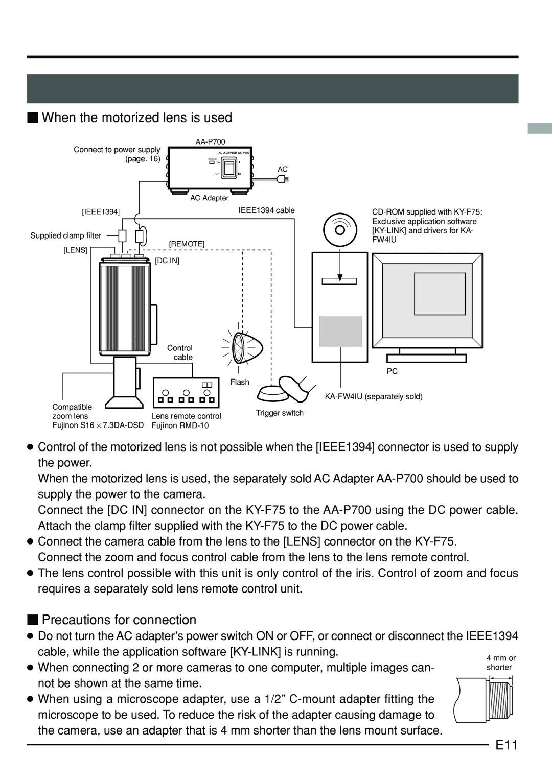 JVC KY-F75 manual  When the motorized lens is used,  Precautions for connection, E11 