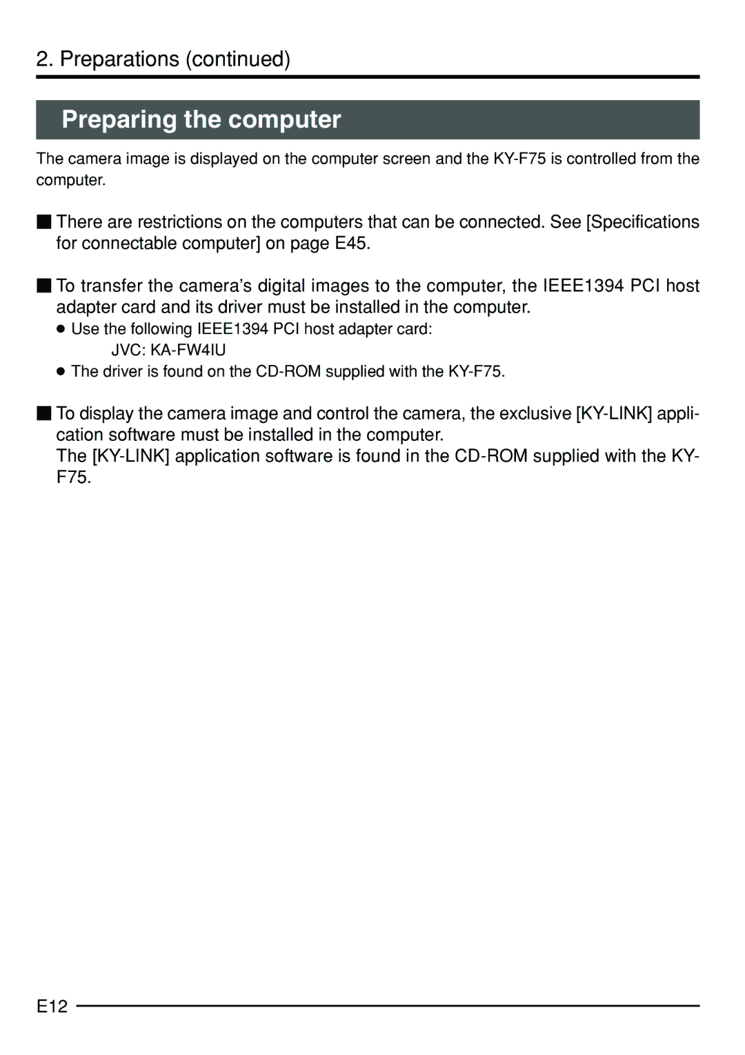 JVC KY-F75 manual Preparing the computer 