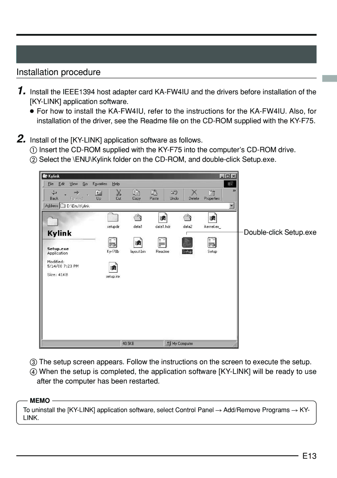 JVC KY-F75 manual Installation procedure, E13 