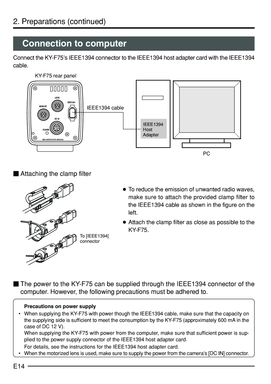 JVC KY-F75 manual Connection to computer,  Attaching the clamp filter, E14 