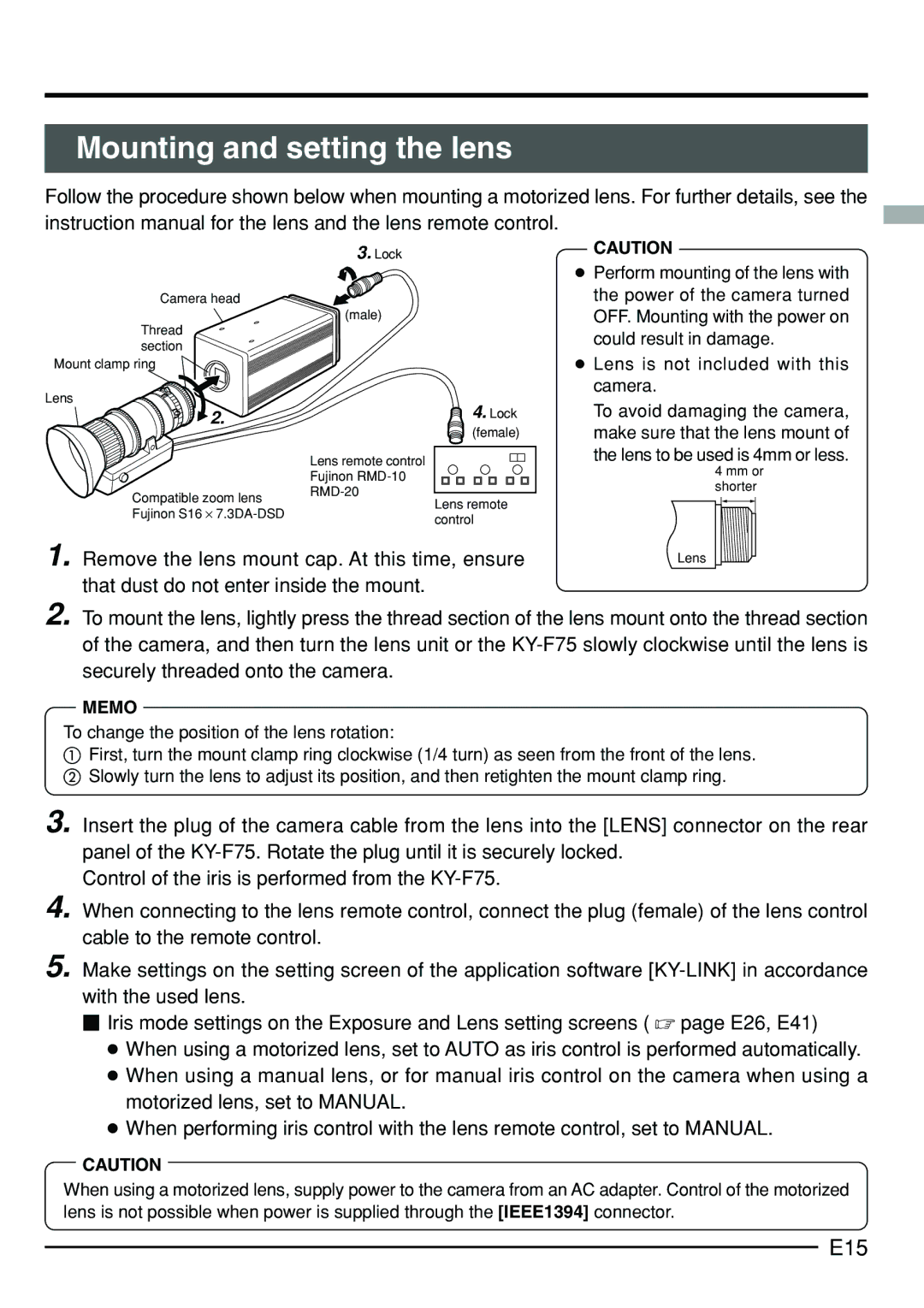 JVC KY-F75 manual Mounting and setting the lens, E15 