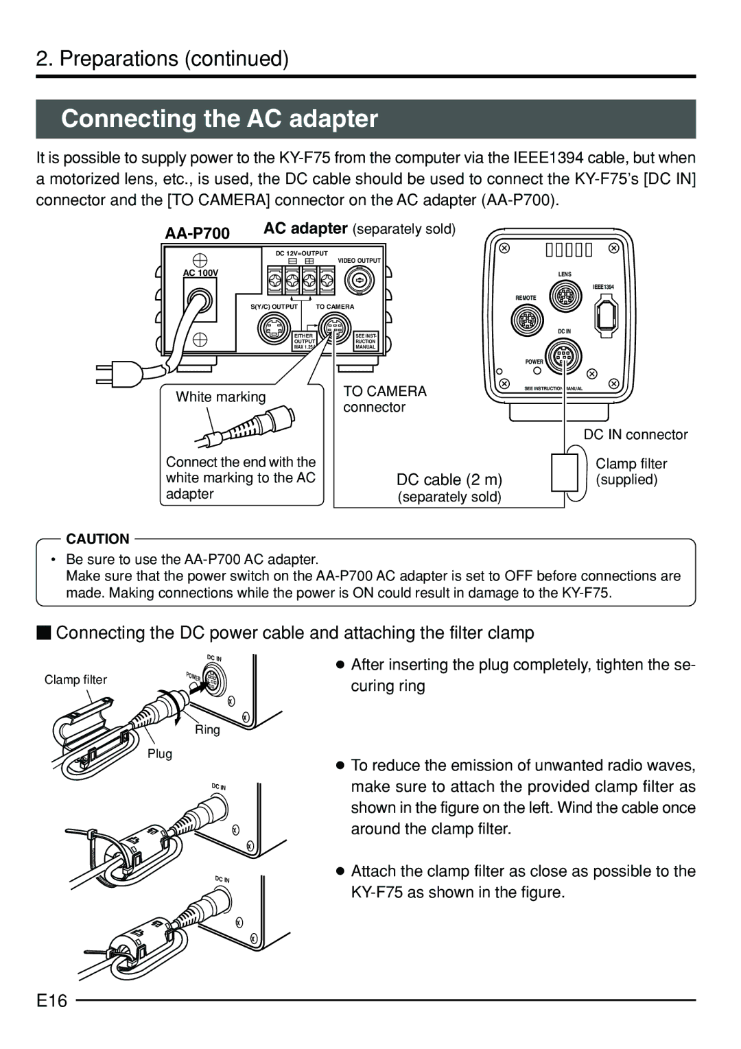 JVC KY-F75 manual Connecting the AC adapter, E16, DC cable 2 m 