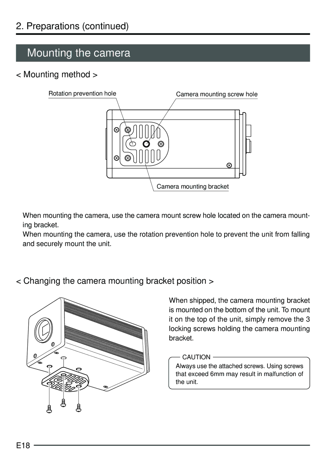 JVC KY-F75 manual Mounting the camera, Mounting method, Changing the camera mounting bracket position, E18 
