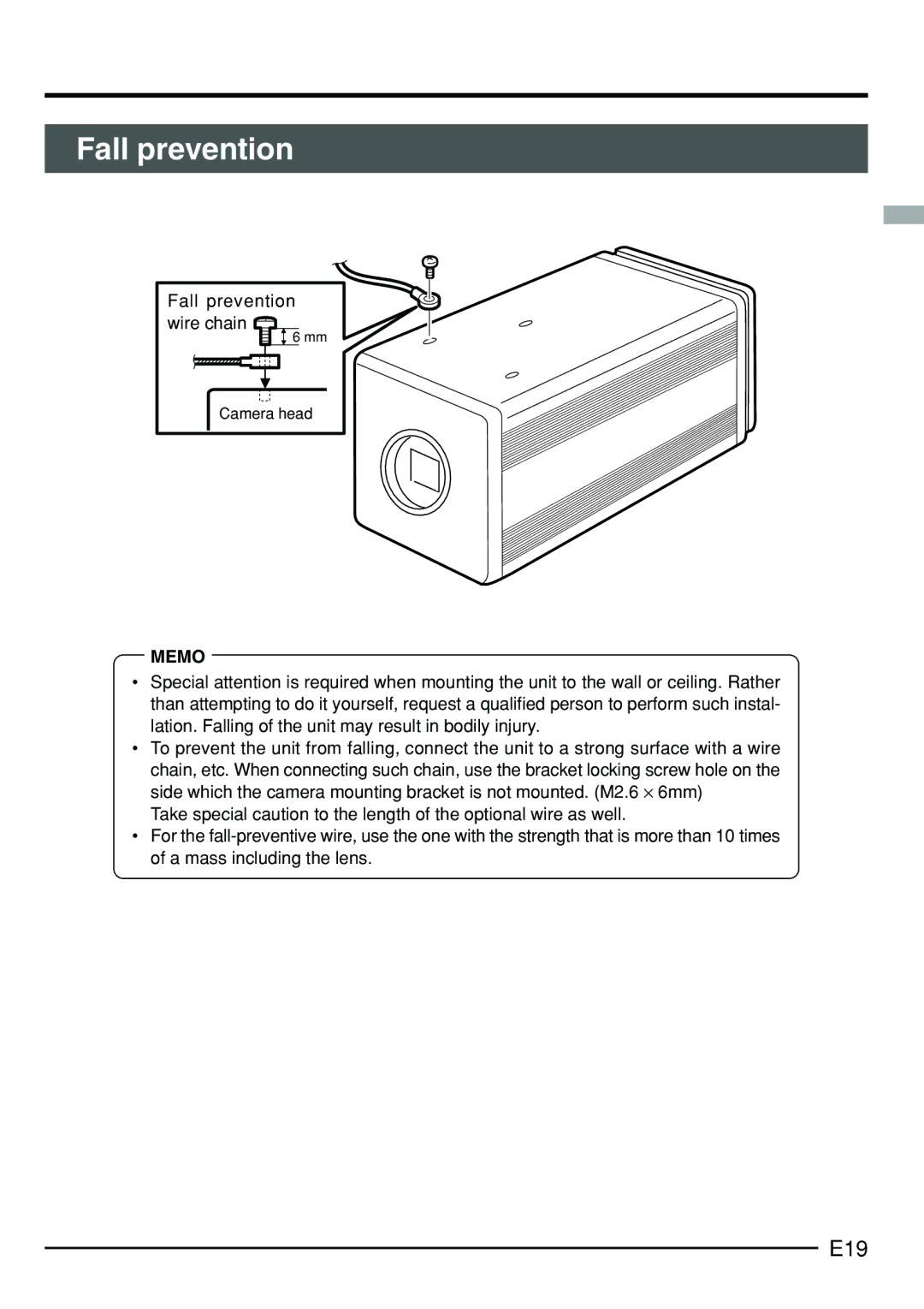 JVC KY-F75 manual Fall prevention, E19 