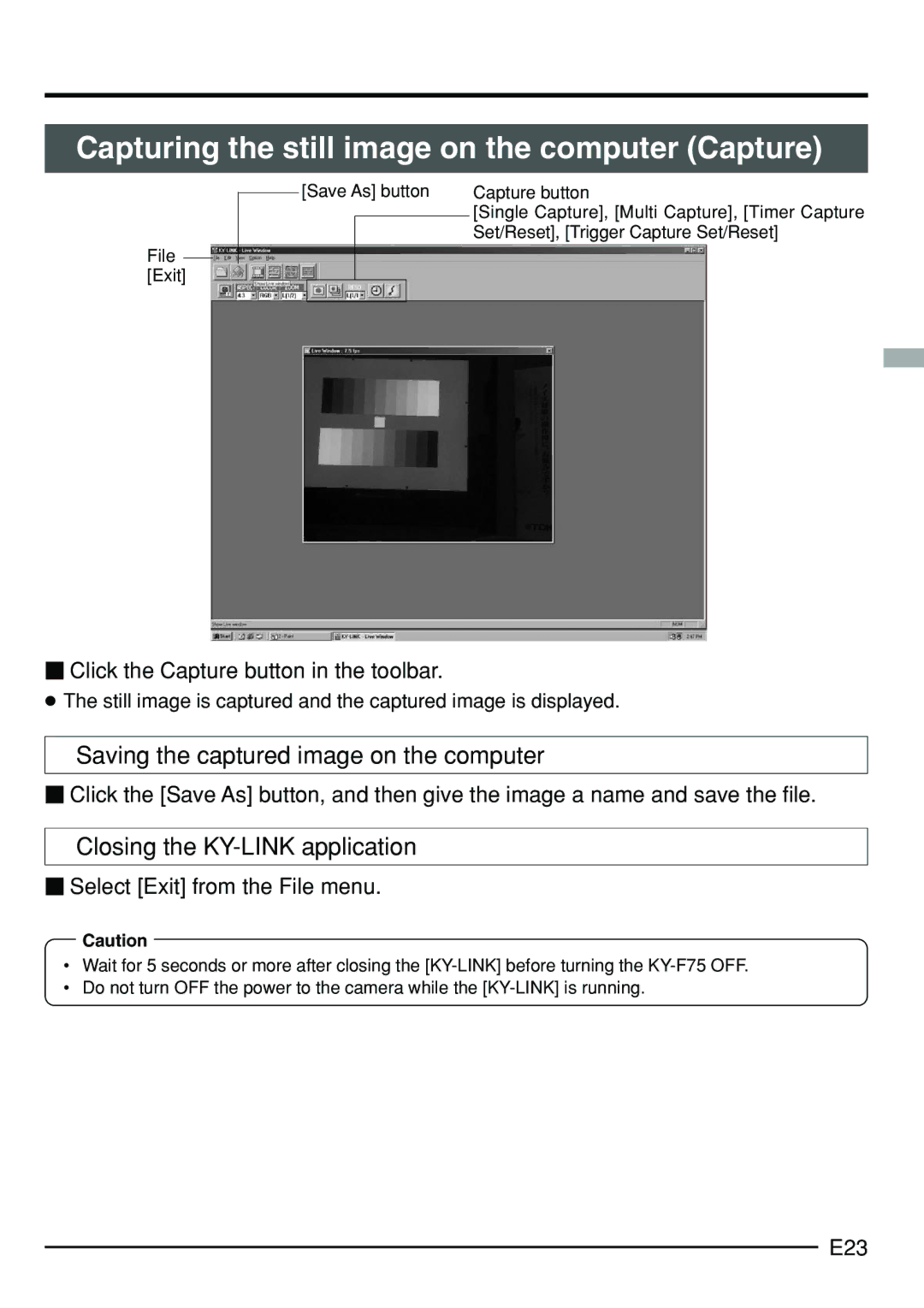 JVC KY-F75 manual Capturing the still image on the computer Capture, Saving the captured image on the computer 