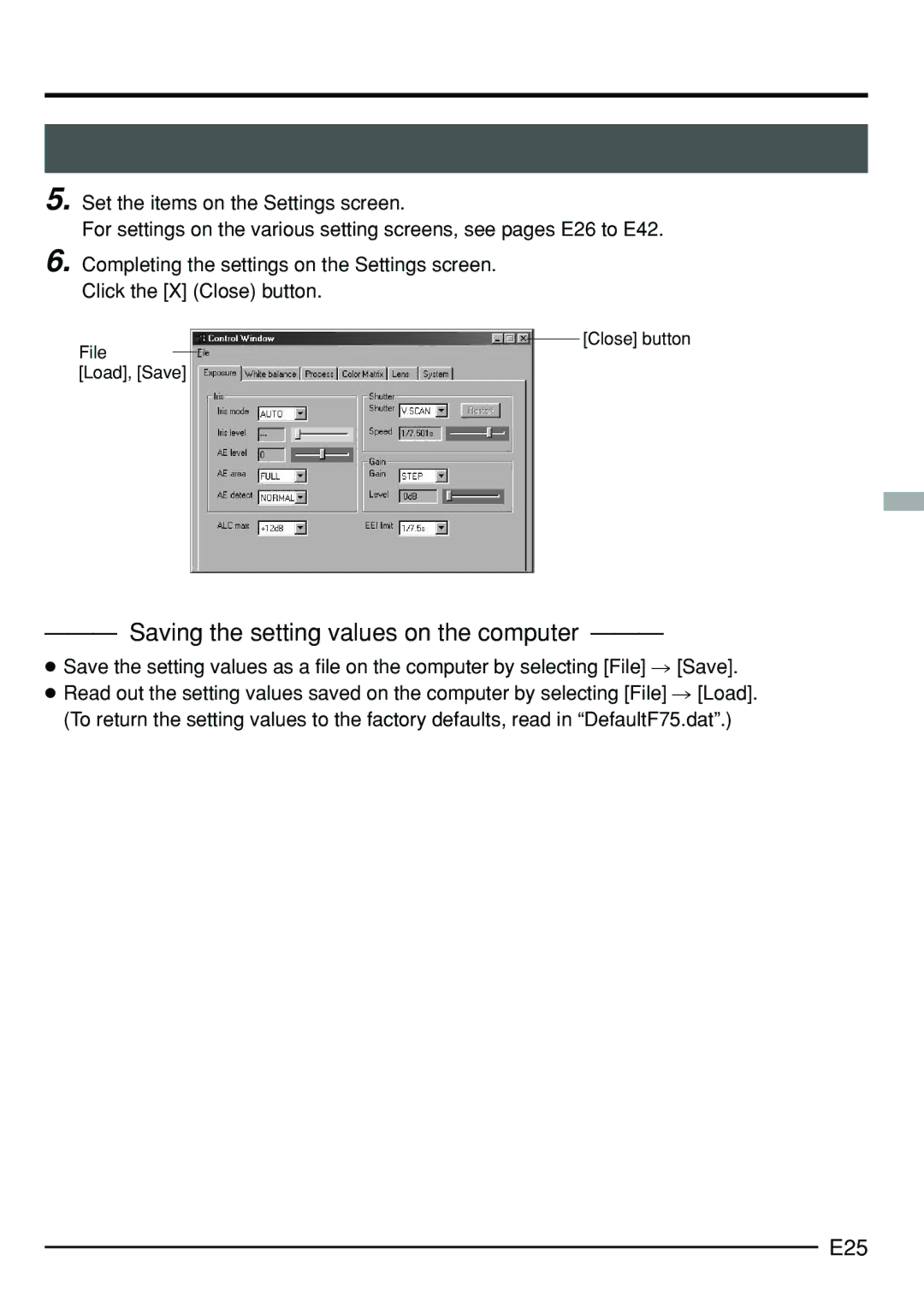 JVC KY-F75 manual Saving the setting values on the computer, E25 