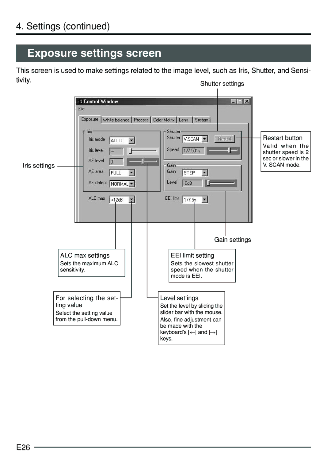 JVC KY-F75 manual Exposure settings screen, E26 