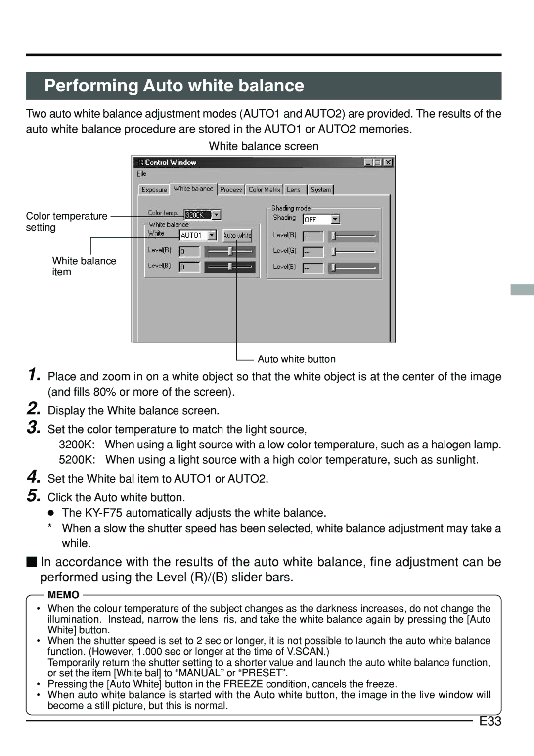 JVC KY-F75 manual Performing Auto white balance, E33 