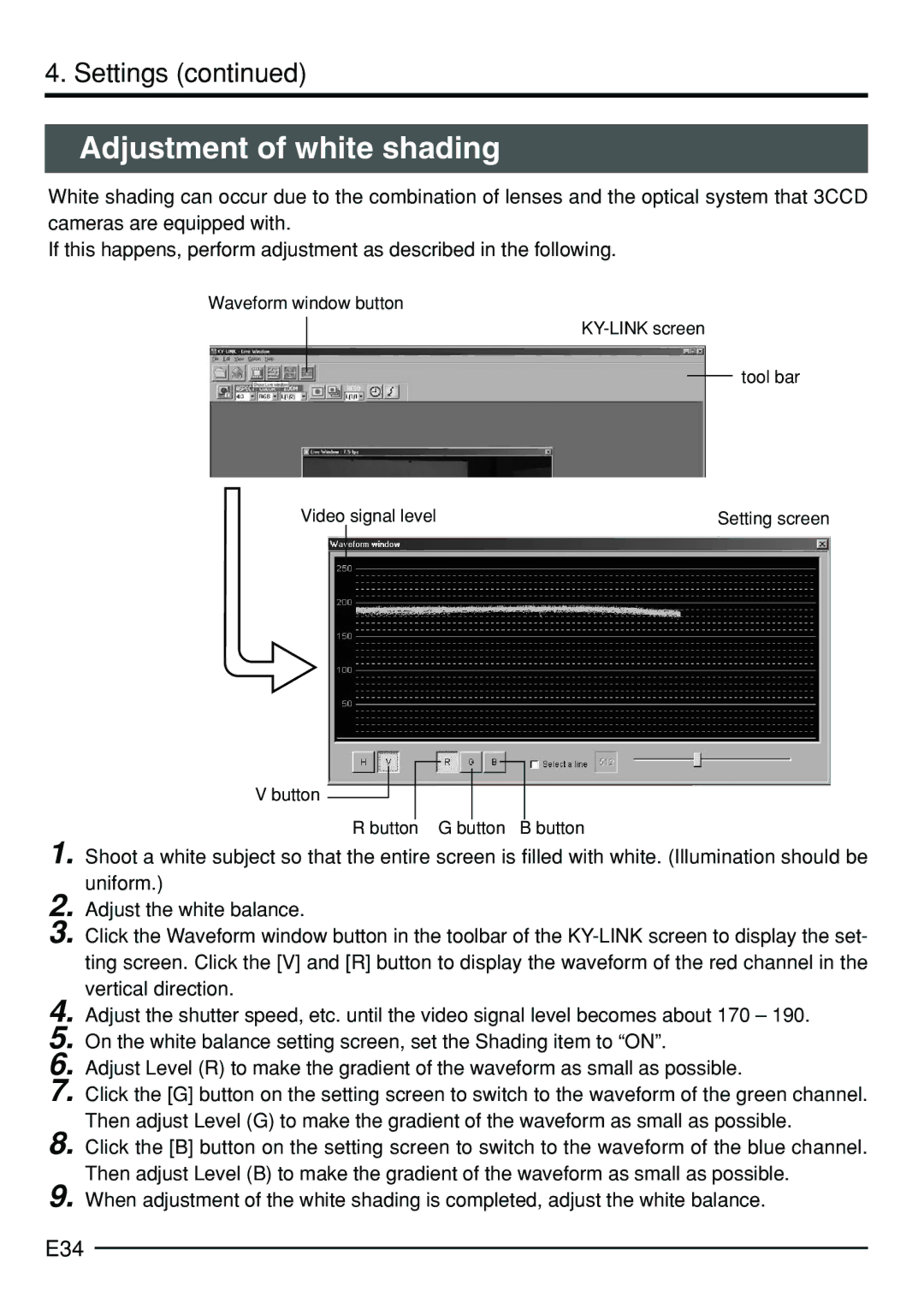 JVC KY-F75 manual Adjustment of white shading, E34 