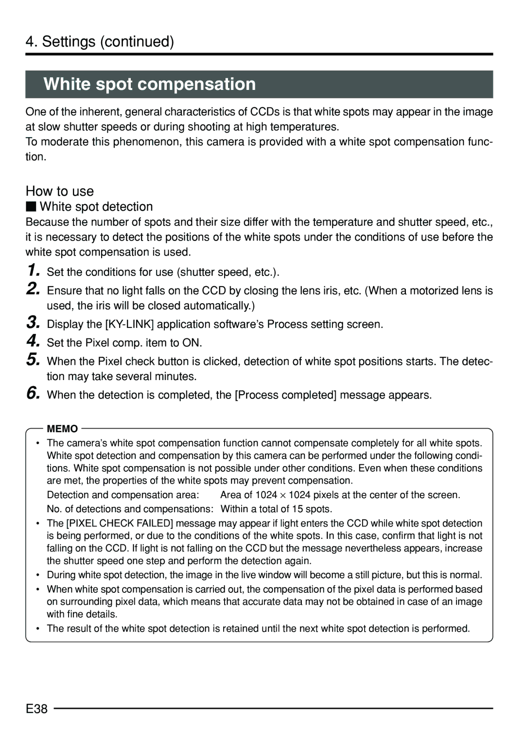 JVC KY-F75 manual White spot compensation, How to use,  White spot detection, E38 