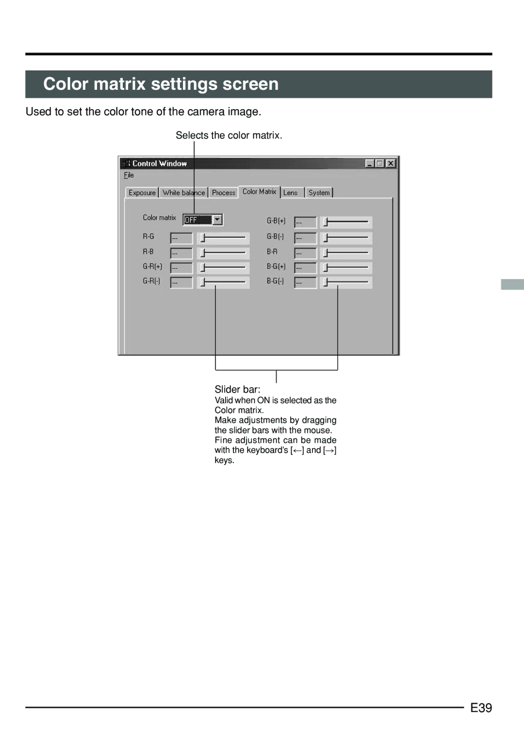 JVC KY-F75 manual Color matrix settings screen, E39, Used to set the color tone of the camera image 