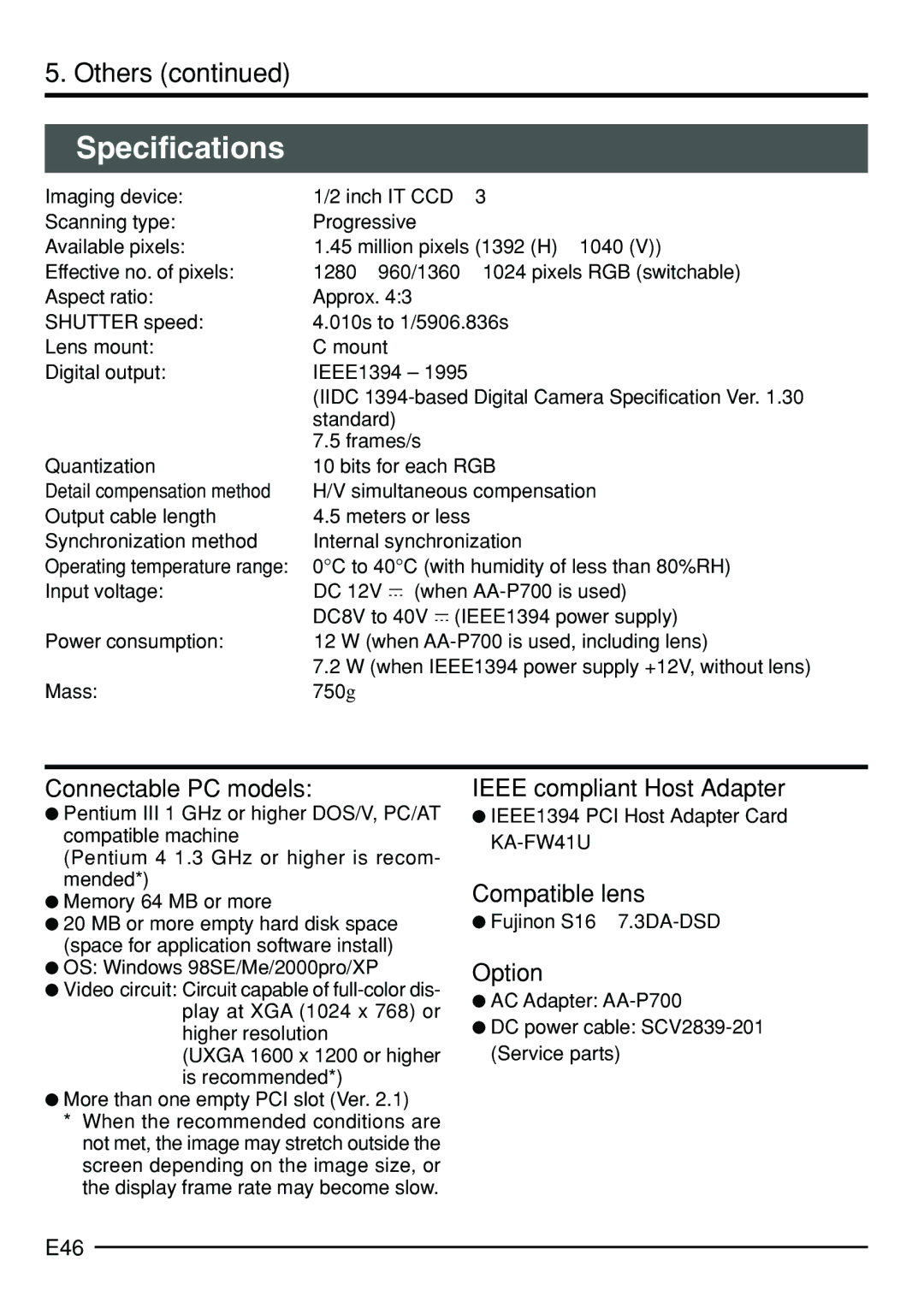 JVC KY-F75 manual Specifications, Connectable PC models, Ieee compliant Host Adapter, Compatible lens, Option 