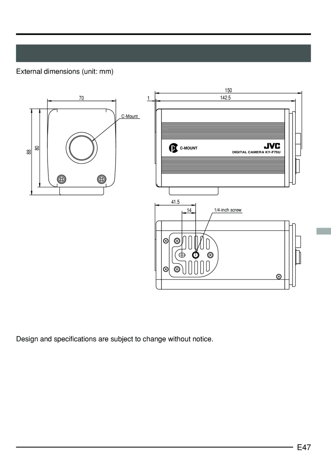 JVC KY-F75 manual E47, External dimensions unit mm 