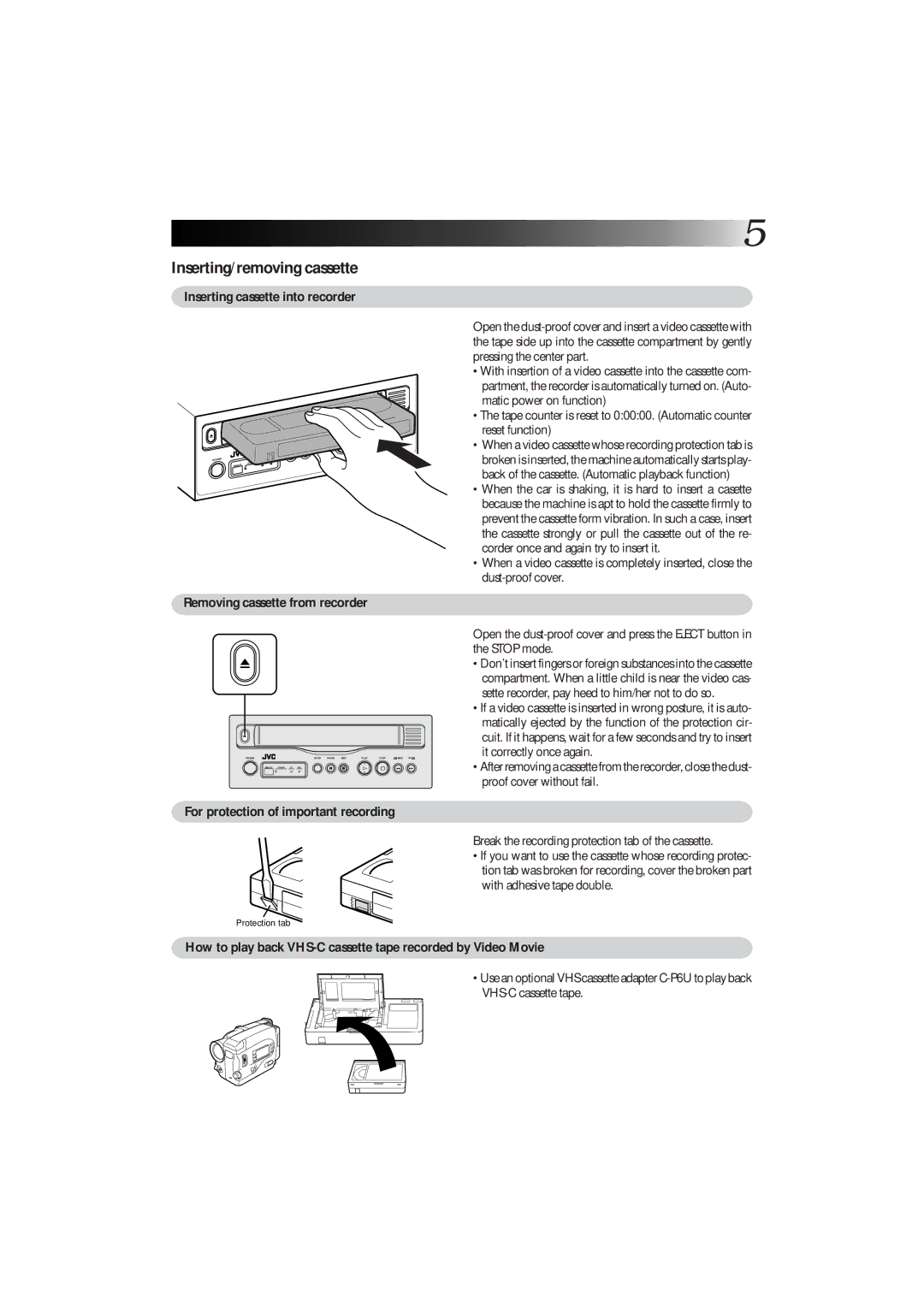 JVC KZ-V10 manual Inserting/removing cassette, Removing cassette from recorder 