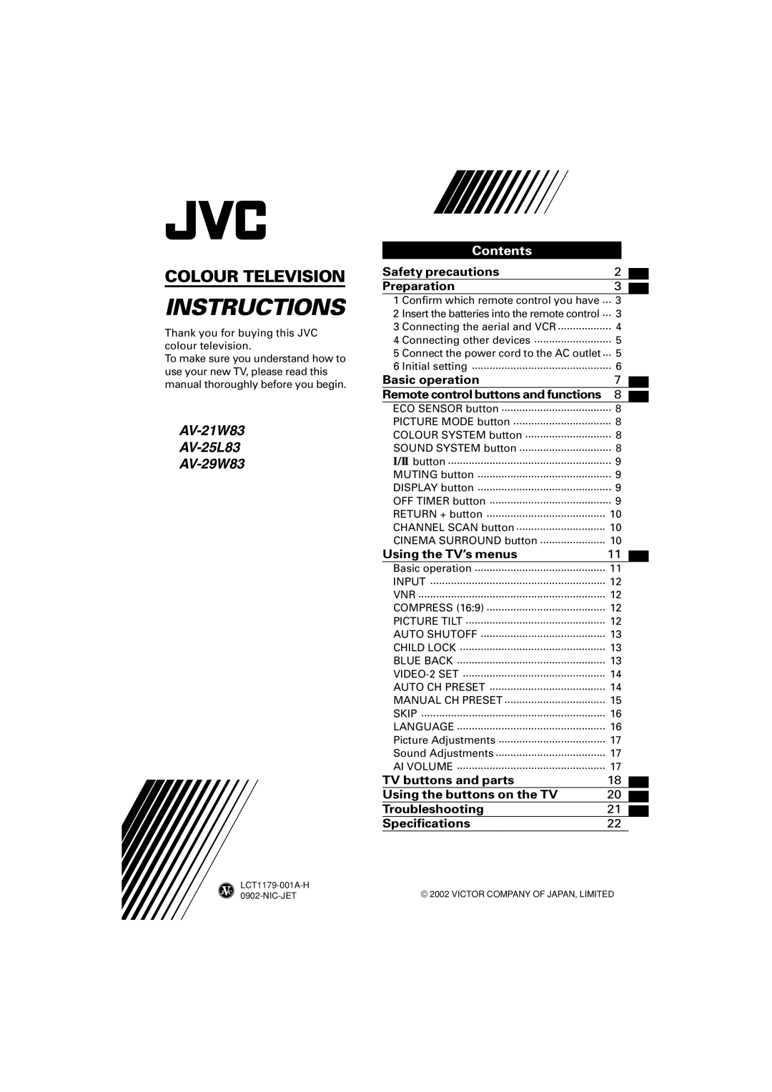 JVC 0902-NIC-JET, LCT1179-001A-H specifications Instructions 