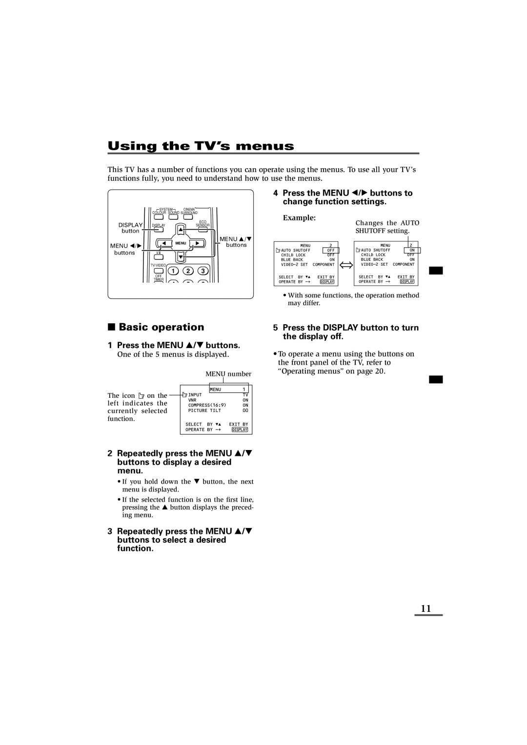 JVC 0902-NIC-JET, LCT1179-001A-H specifications Using the TV’s menus, Basic operation, One of the 5 menus is displayed 