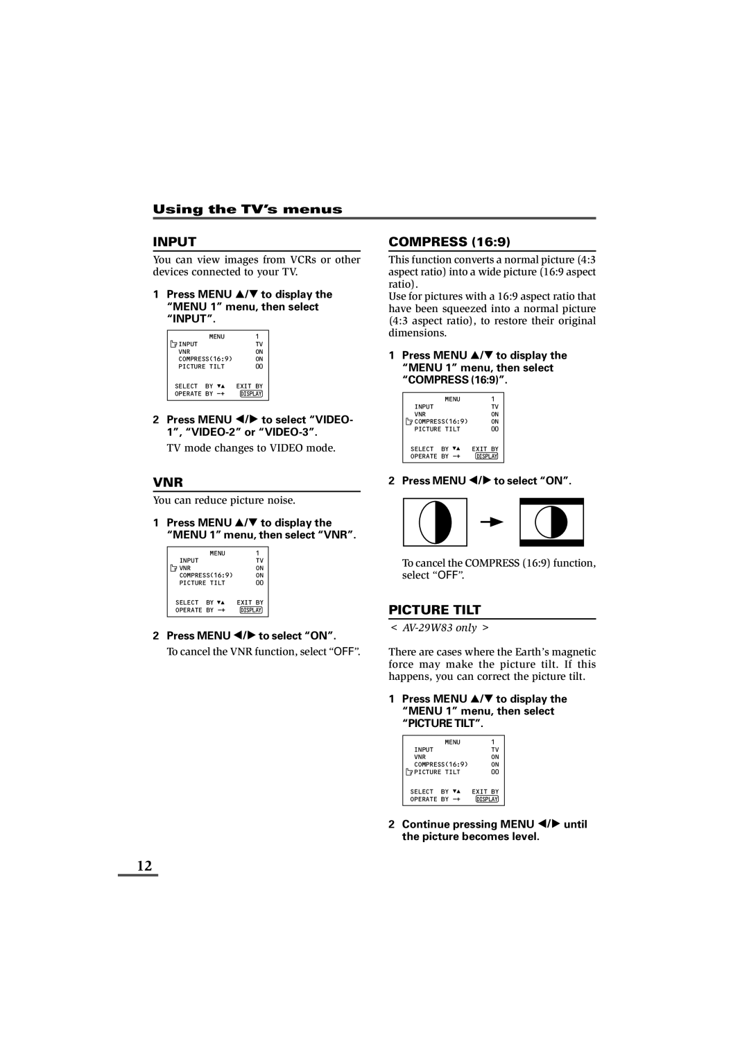 JVC LCT1179-001A-H, 0902-NIC-JET specifications Input, Vnr, Compress, Picture Tilt 