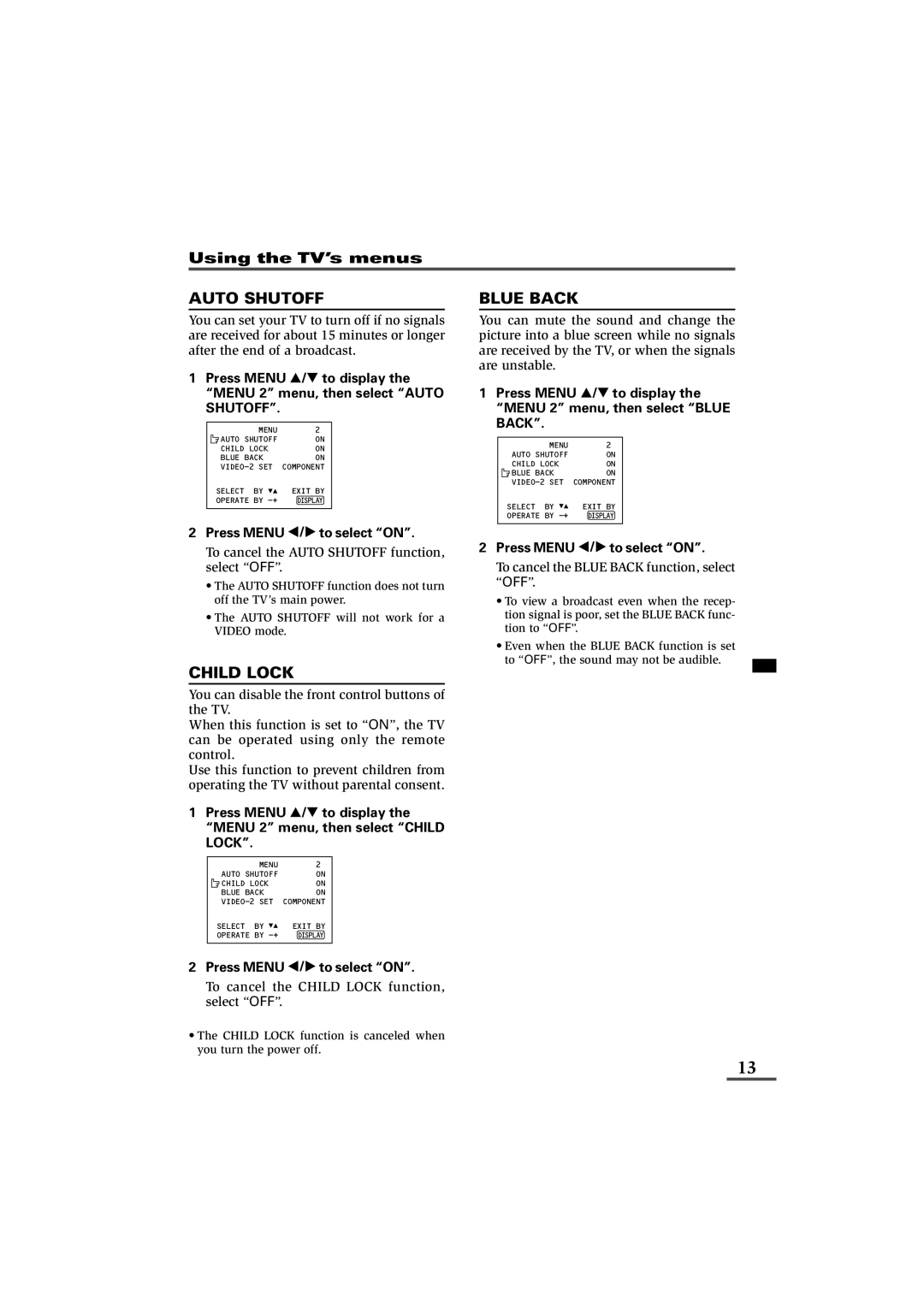 JVC 0902-NIC-JET, LCT1179-001A-H Auto Shutoff, Blue Back, Press Menu Tto display Menu 2 menu, then select Child Lock 