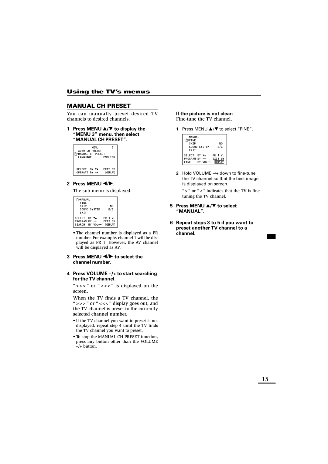 JVC 0902-NIC-JET Manual CH Preset, Press Menu Tto display the Menu 3 menu, then select, Sub-menu is displayed 