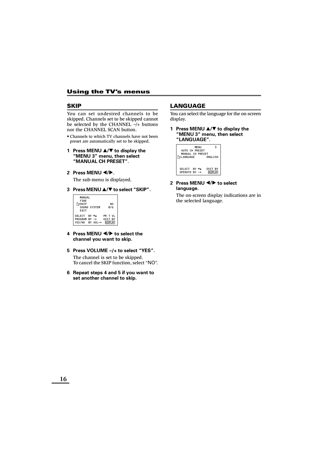 JVC LCT1179-001A-H, 0902-NIC-JET specifications Language, Press Menu Tto select Skip, Press Menu / to select language 