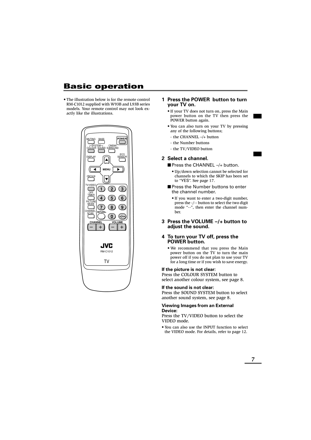 JVC 0902-NIC-JET, LCT1179-001A-H specifications Basic operation, If the sound is not clear 