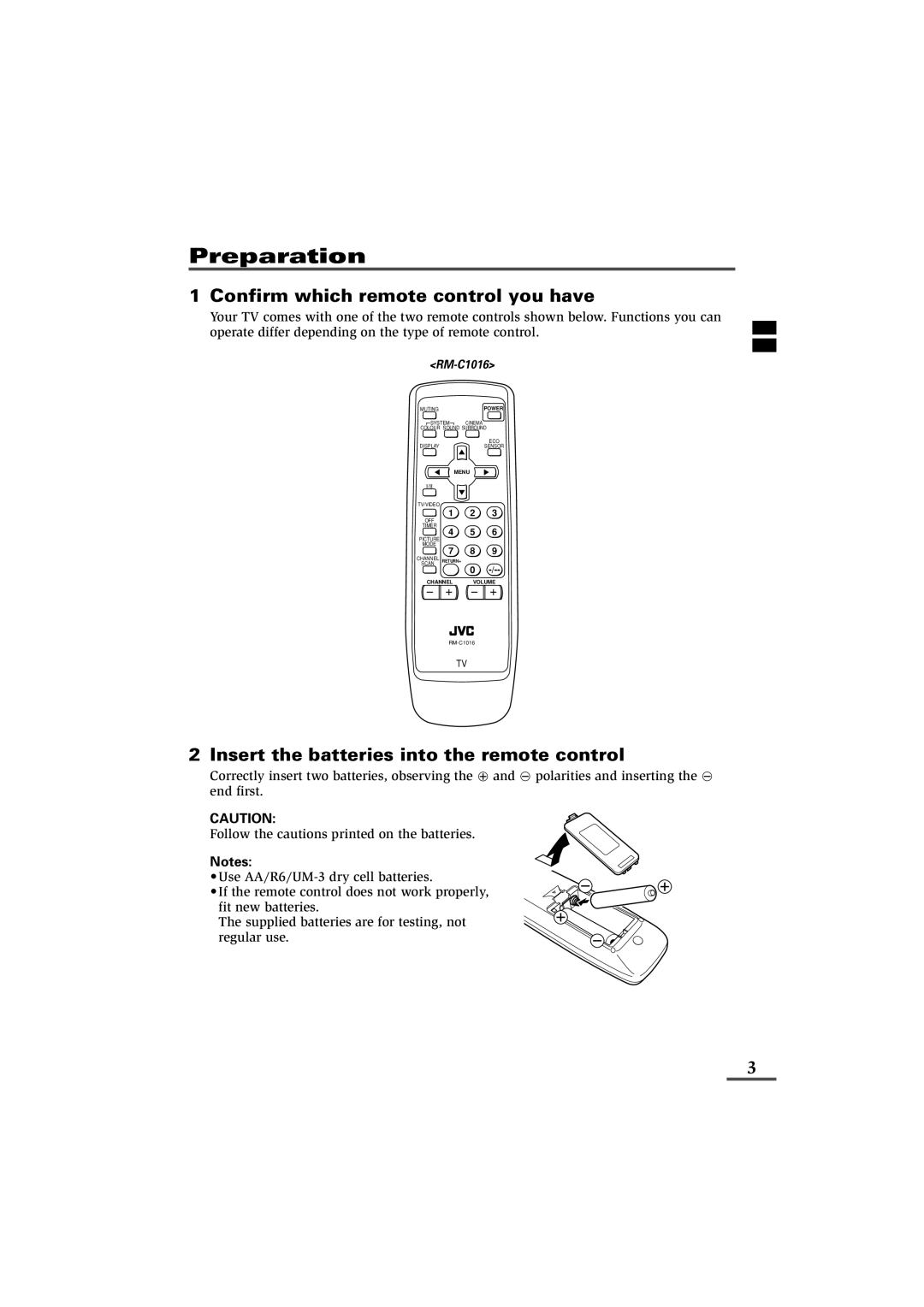 JVC 0902-NIC-JET Preparation, Confirm which remote control you have, Insert the batteries into the remote control 