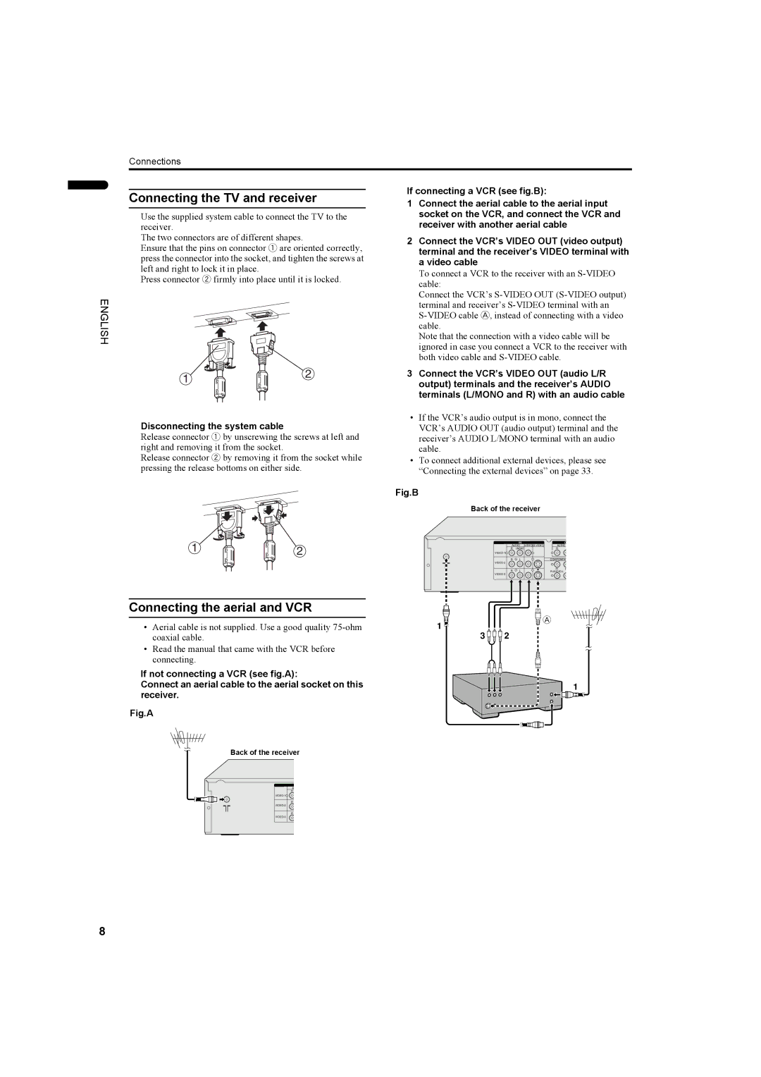 JVC LCT1445-001A, PD-42DV2 manual Connecting the TV and receiver, Connecting the aerial and VCR 