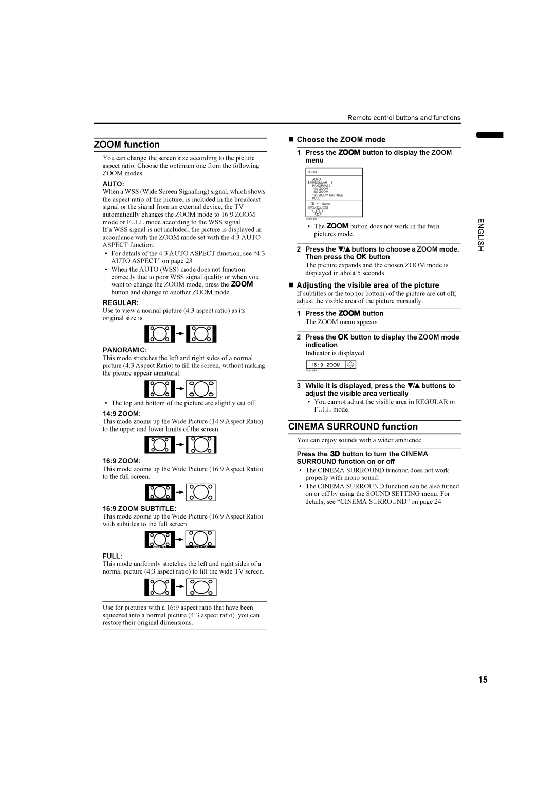 JVC PD-42DV2 Zoom function, Cinema Surround function, „ Choose the Zoom mode, „ Adjusting the visible area of the picture 