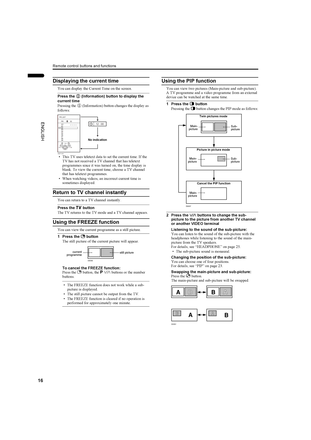 JVC LCT1445-001A, PD-42DV2 manual Displaying the current time, Using the PIP function, Return to TV channel instantly 