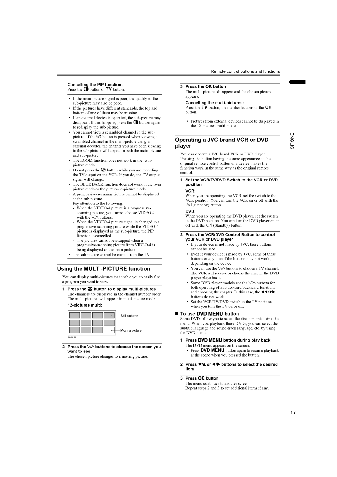 JVC PD-42DV2 manual Using the MULTI-PICTURE function, Operating a JVC brand VCR or DVD player, „ To use Dbutton, Vcr, Dvd 