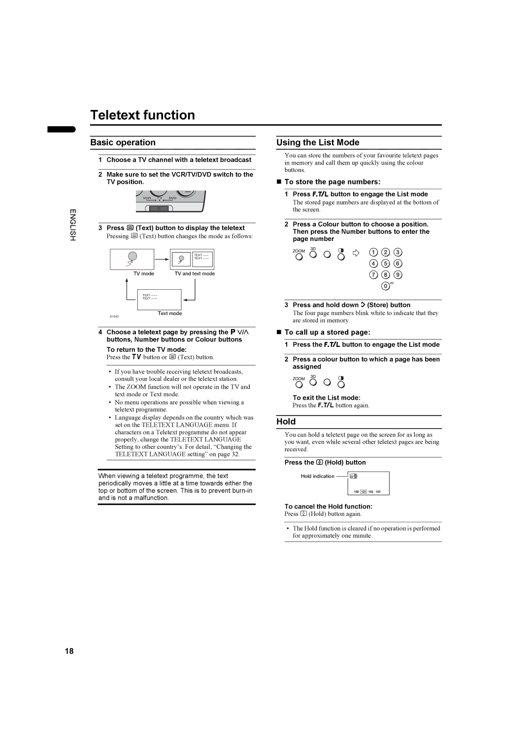 JVC LCT1445-001A, PD-42DV2 manual Teletext function, Basic operation, Using the List Mode, Hold 