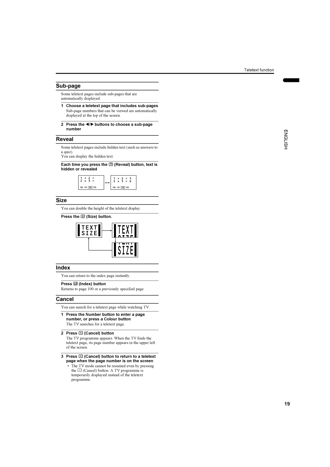 JVC PD-42DV2, LCT1445-001A manual Sub-page, Reveal, Size, Index, Cancel 