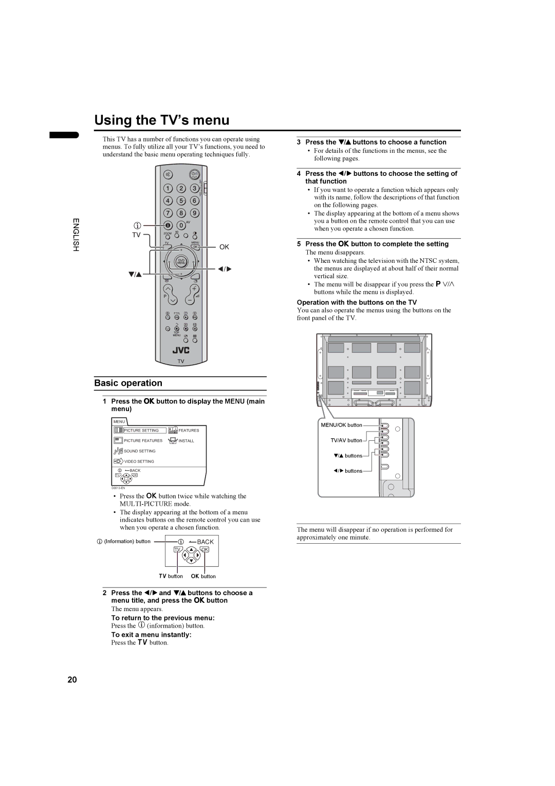 JVC LCT1445-001A, PD-42DV2 manual Using the TV’s menu 