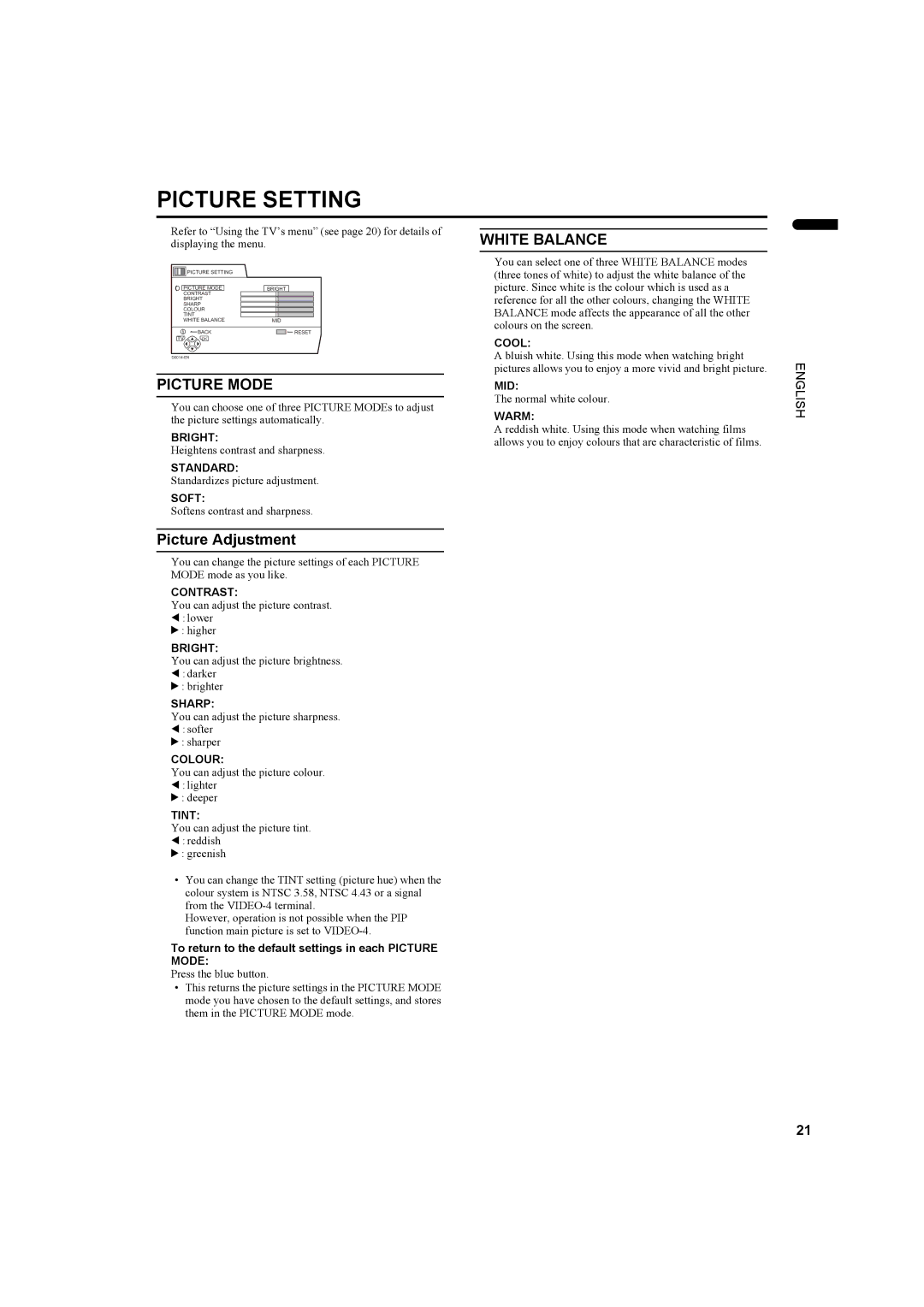 JVC PD-42DV2, LCT1445-001A manual Picture Setting, Picture Mode, Picture Adjustment, White Balance 