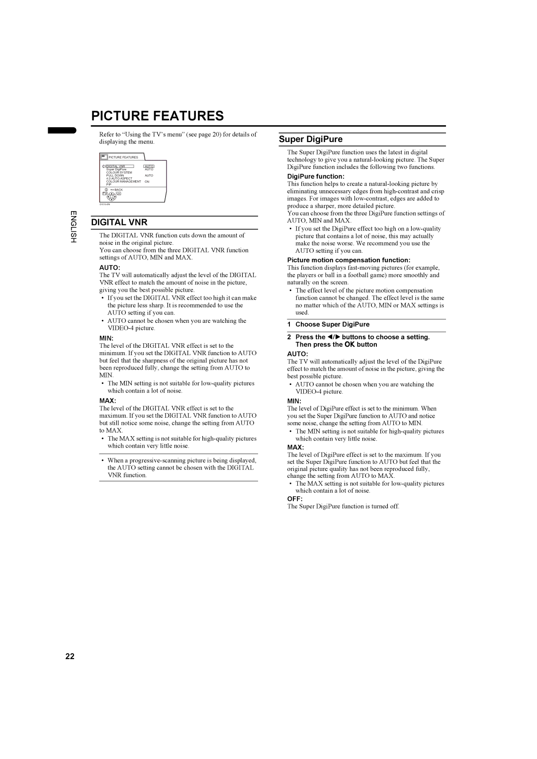 JVC LCT1445-001A, PD-42DV2 manual Picture Features, Digital VNR, Super DigiPure 