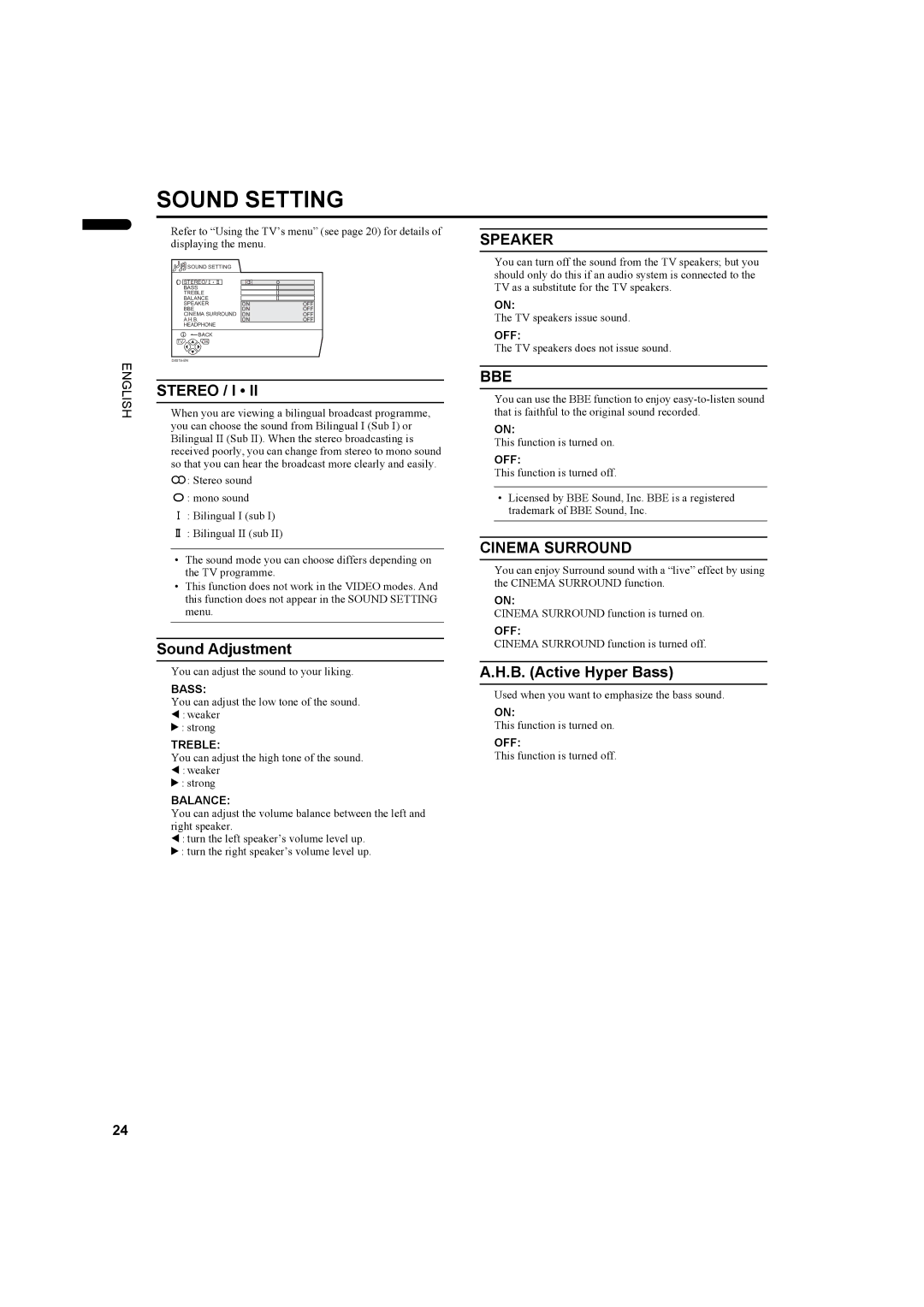 JVC LCT1445-001A, PD-42DV2 manual Sound Setting, Speaker, Stereo / I, Bbe, Cinema Surround 