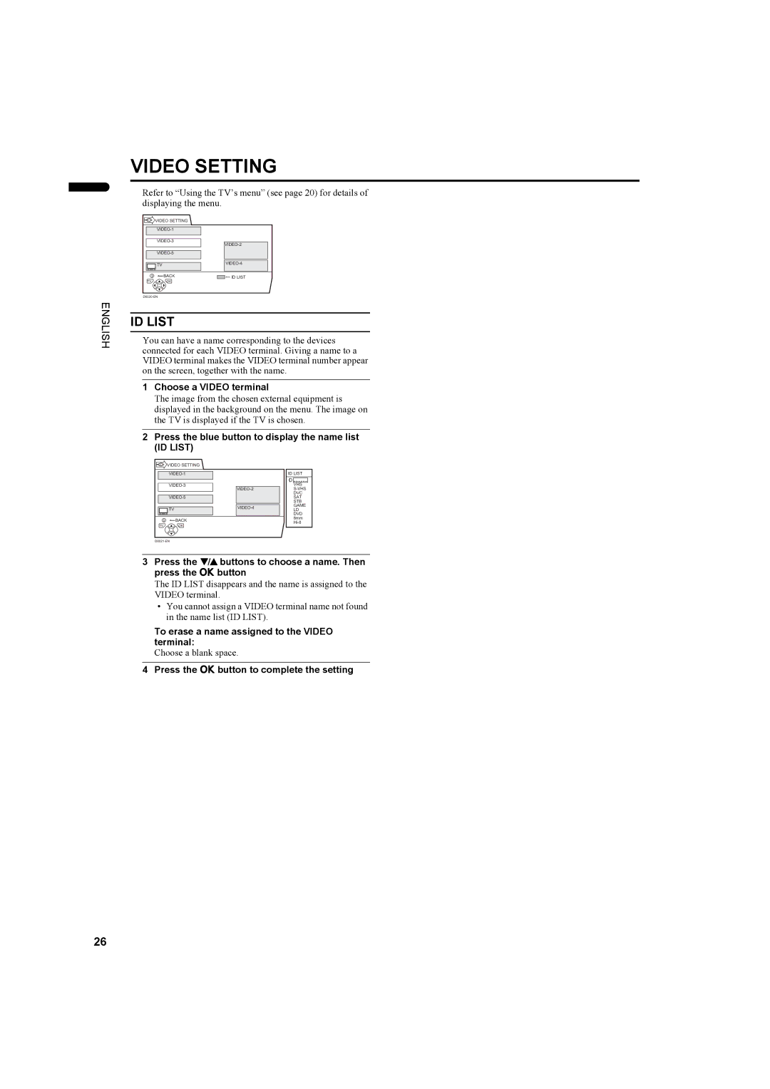 JVC LCT1445-001A manual Video Setting, Choose a Video terminal, Press the blue button to display the name list ID List 