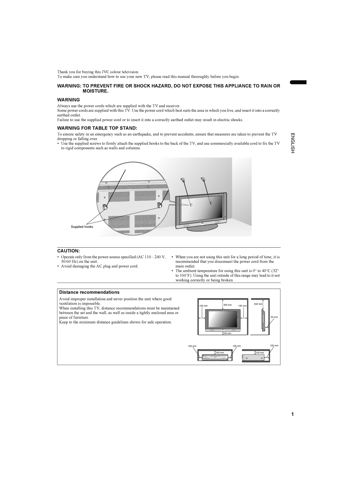 JVC PD-42DV2, LCT1445-001A manual English, Distance recommendations 