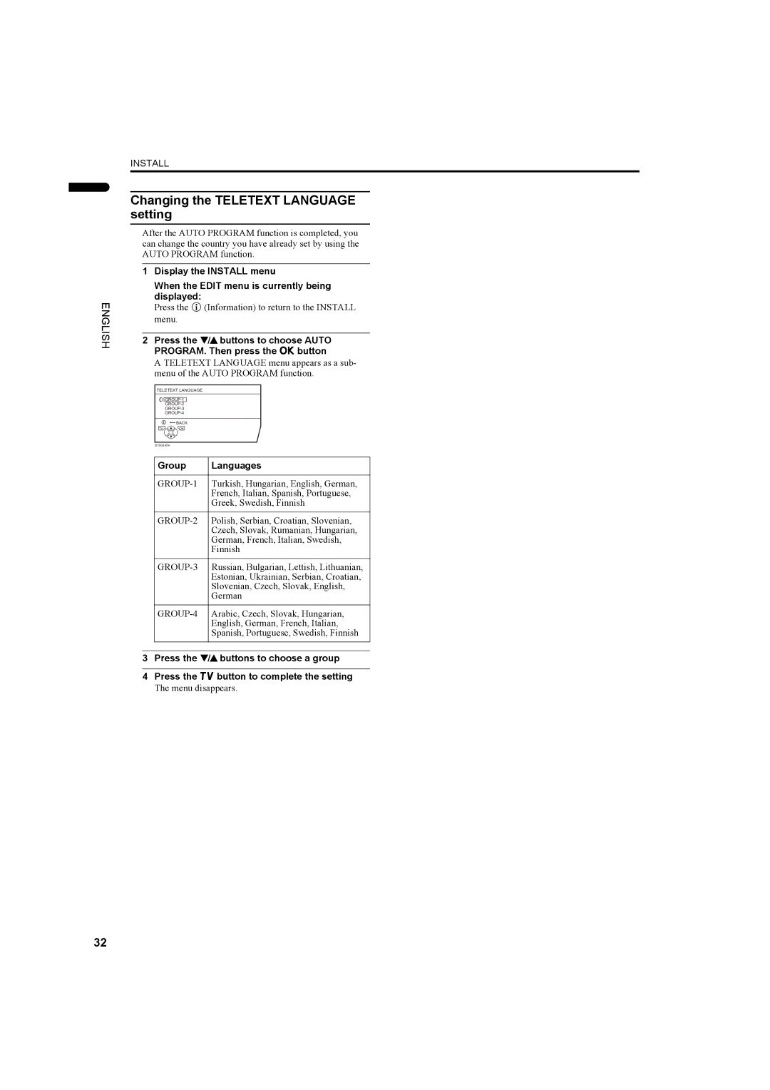 JVC LCT1445-001A, PD-42DV2 manual Changing the Teletext Language setting, Group Languages 