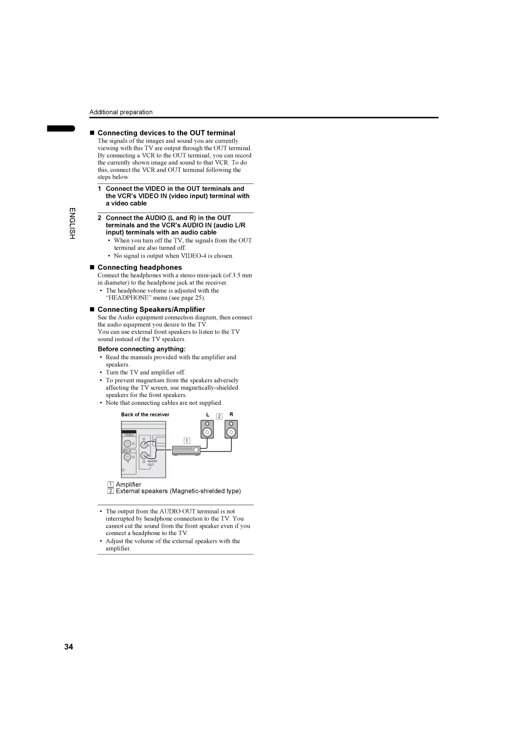 JVC LCT1445-001A manual „ Connecting devices to the OUT terminal, „ Connecting headphones, „ Connecting Speakers/Amplifier 