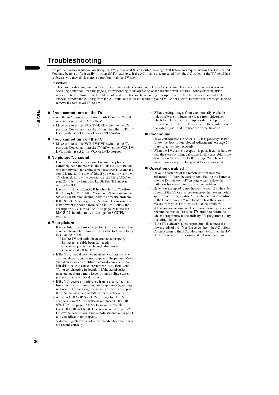 JVC LCT1445-001A, PD-42DV2 manual Troubleshooting 