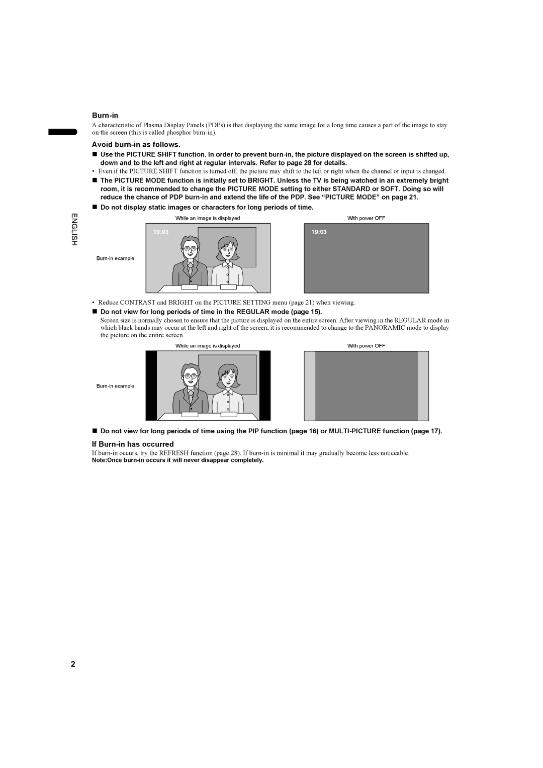 JVC LCT1445-001A, PD-42DV2 manual Avoid burn-in as follows, If Burn-in has occurred 