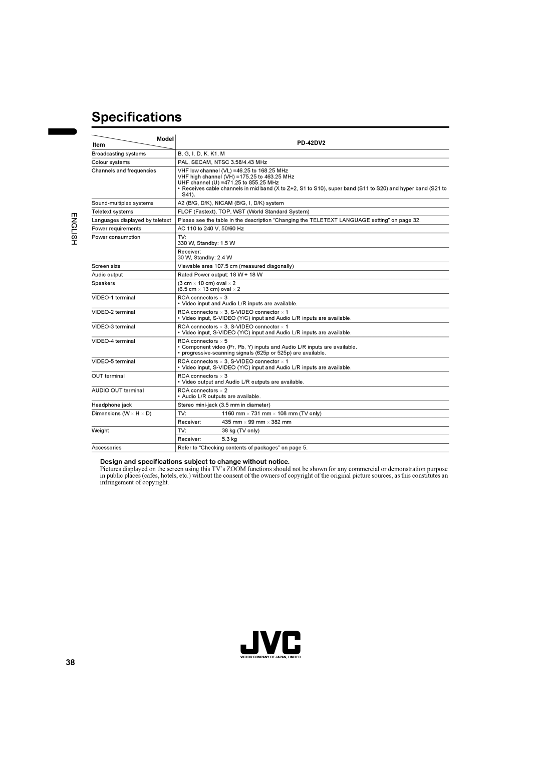 JVC LCT1445-001A, PD-42DV2 manual Specifications, Design and specifications subject to change without notice 