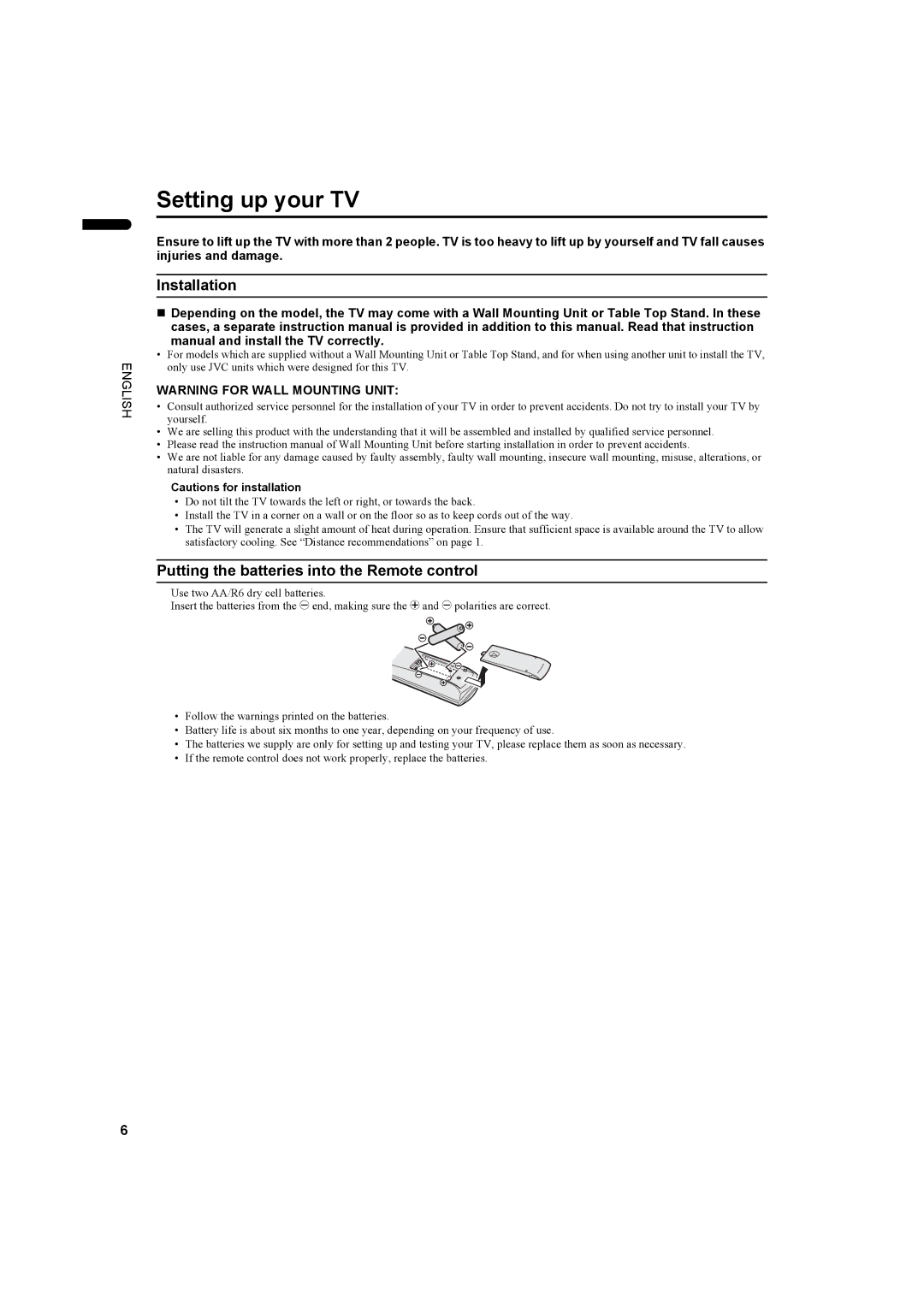 JVC LCT1445-001A, PD-42DV2 manual Setting up your TV, Installation, Putting the batteries into the Remote control 